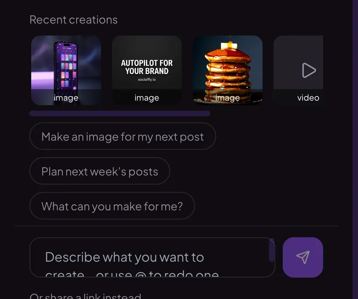 SocialFly's Director on a phone: recent generated images, suggested prompts, and the composer.