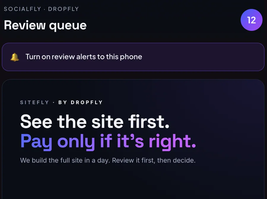 SocialFly's review queue with twelve items waiting, and the first generated post open for a decision.